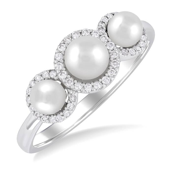 Round Shape Past Present & Future Pearl & Halo Diamond Ring