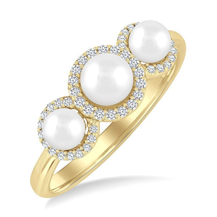 1/6 Ctw Past, Present & Future 4MM & 5MM Cultured Pearl and Round Cut Diamond Halo Ring in 14K Yellow Gold