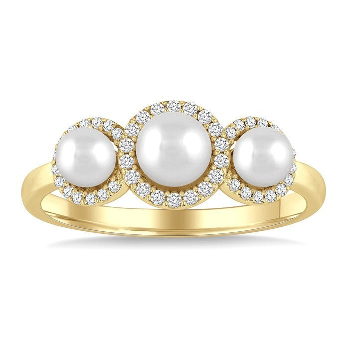1/6 Ctw Past, Present & Future 4MM & 5MM Cultured Pearl and Round Cut Diamond Halo Ring in 14K Yellow Gold