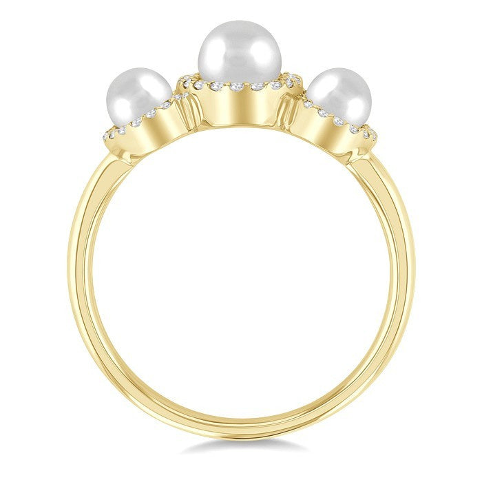 1/6 Ctw Past, Present & Future 4MM & 5MM Cultured Pearl and Round Cut Diamond Halo Ring in 14K Yellow Gold