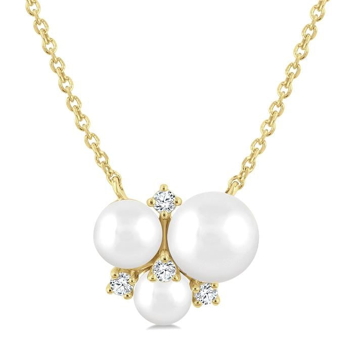 4 MM,5 MM & 6 MM Cultured Pearl and 1/20 Ctw Round Cut Diamond Fashion Pendant With Chain in 10K Yellow Gold