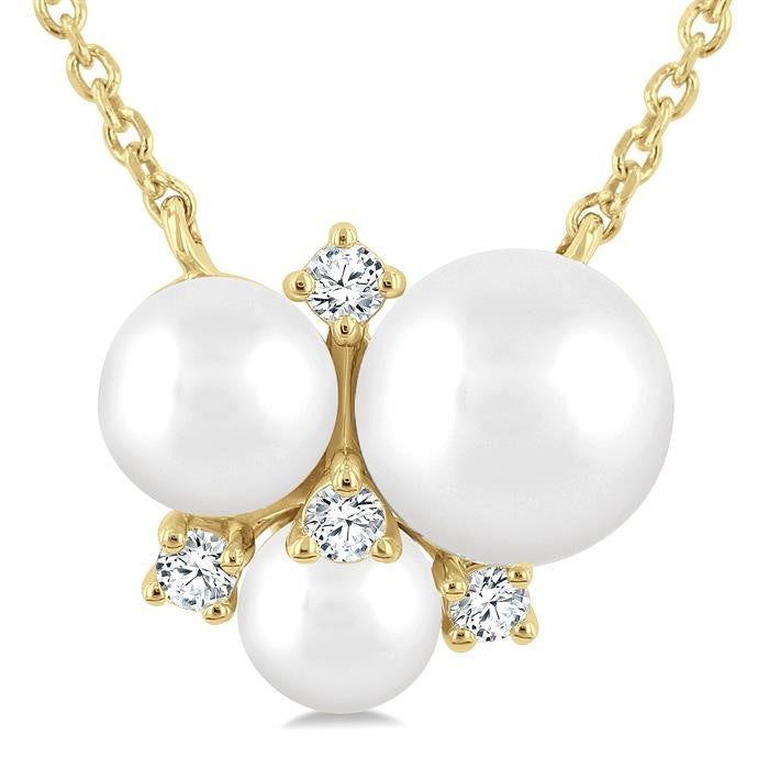 4 MM,5 MM & 6 MM Cultured Pearl and 1/20 Ctw Round Cut Diamond Fashion Pendant With Chain in 10K Yellow Gold