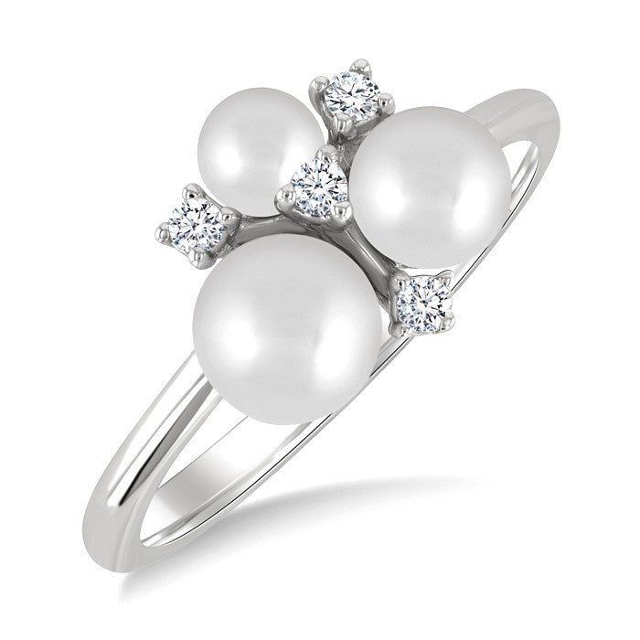 4MM,5MM & 6MM Cultured Pearl and 1/10 Ctw Round Cut Diamond Trio Fashion Ring in 10K White Gold