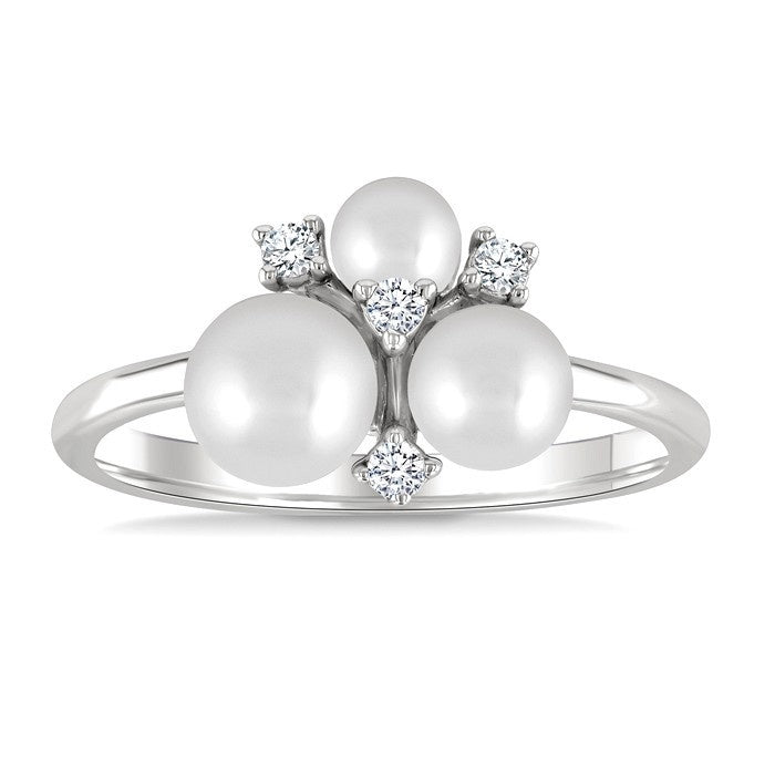 4MM,5MM & 6MM Cultured Pearl and 1/10 Ctw Round Cut Diamond Trio Fashion Ring in 10K White Gold