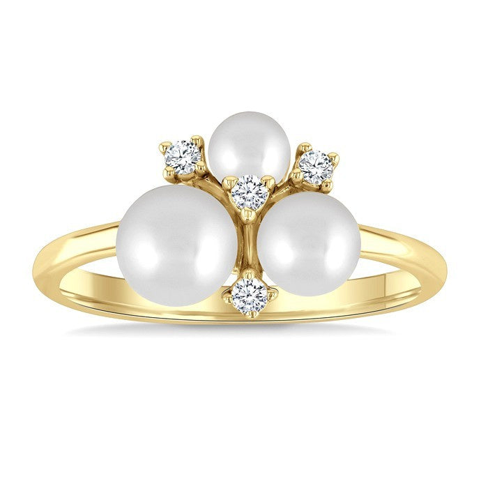 4MM,5MM & 6MM Cultured Pearl and 1/10 Ctw Round Cut Diamond Trio Fashion Ring in 10K Yellow Gold