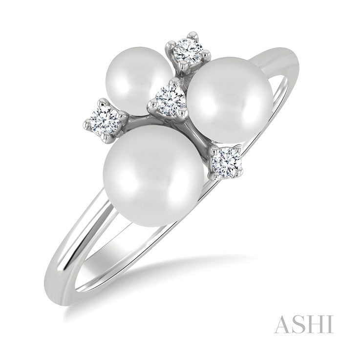 4MM,5MM & 6MM Cultured Pearl and 1/10 Ctw Round Cut Diamond Trio Fashion Ring in 10K White Gold