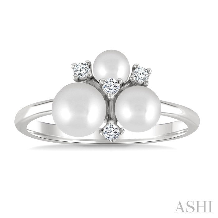 4MM,5MM & 6MM Cultured Pearl and 1/10 Ctw Round Cut Diamond Trio Fashion Ring in 10K White Gold
