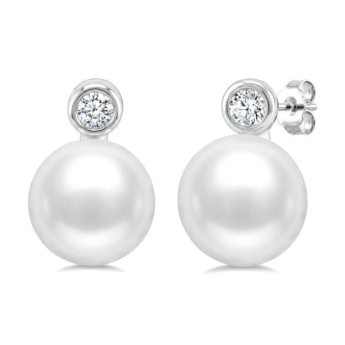 6 MM White Cultured Pearl and 1/20 Ctw Round Cut Diamond Stud Earrings in 10K White Gold