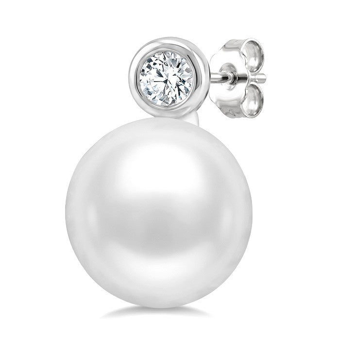 6 MM White Cultured Pearl and 1/20 Ctw Round Cut Diamond Stud Earrings in 10K White Gold