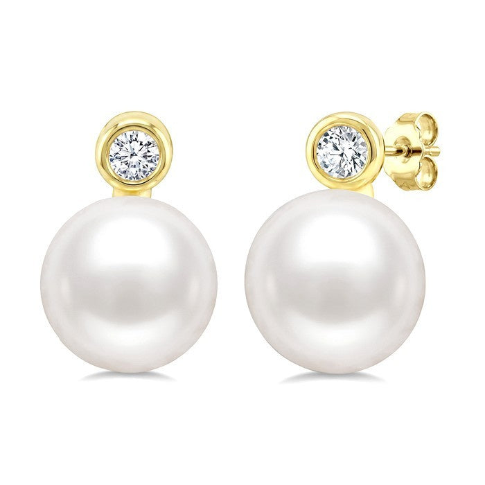 6 MM White Cultured Pearl and 1/20 Ctw Round Cut Diamond Stud Earrings in 10K Yellow Gold