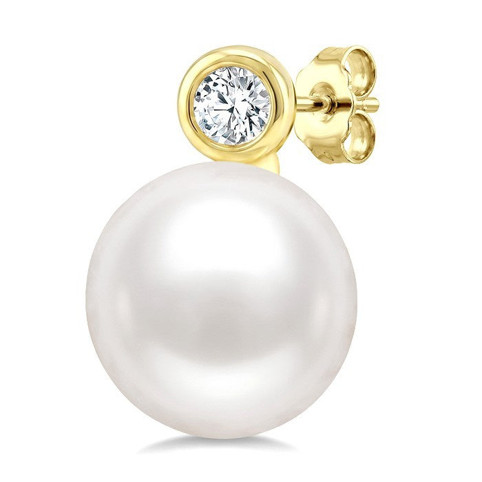6 MM White Cultured Pearl and 1/20 Ctw Round Cut Diamond Stud Earrings in 10K Yellow Gold