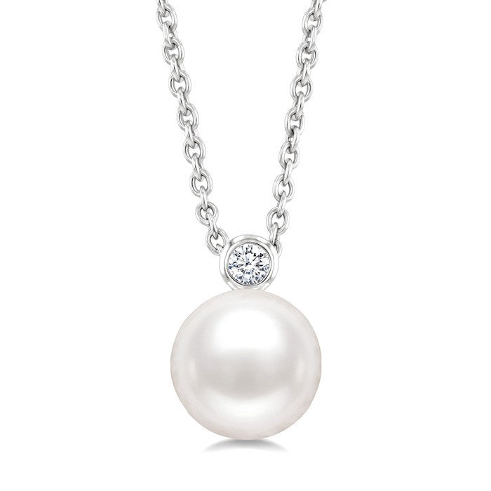 7 MM White Cultured Pearl and 1/20 Ctw Round Cut Diamond Pendant With Chain in 10K White Gold