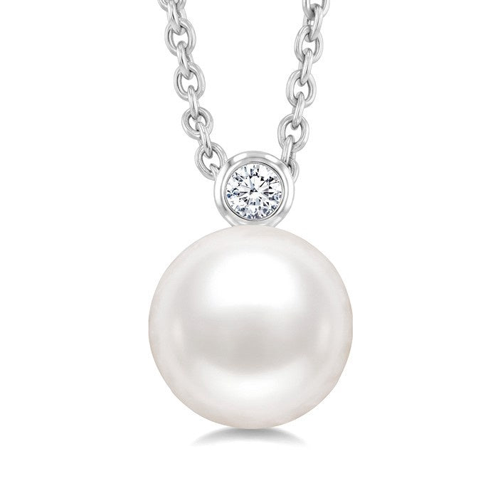 7 MM White Cultured Pearl and 1/20 Ctw Round Cut Diamond Pendant With Chain in 10K White Gold