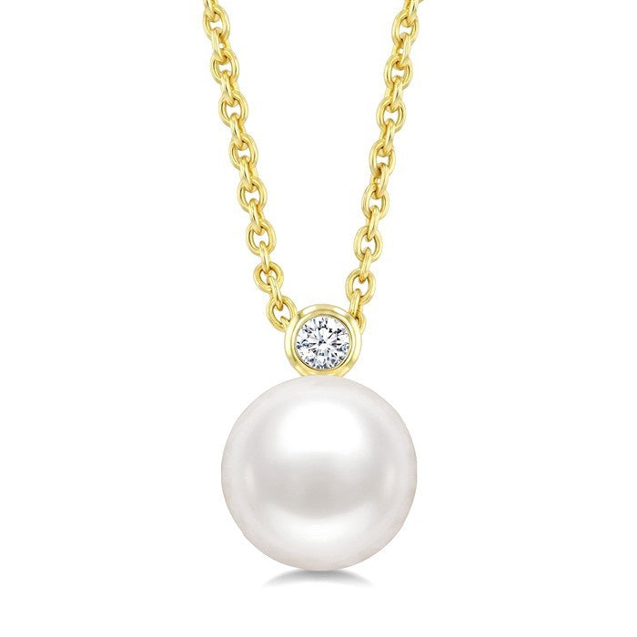 7 MM White Cultured Pearl and 1/20 Ctw Round Cut Diamond Pendant With Chain in 10K Yellow Gold
