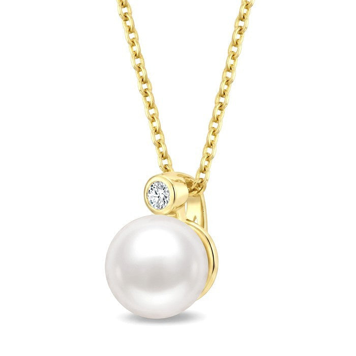 7 MM White Cultured Pearl and 1/20 Ctw Round Cut Diamond Pendant With Chain in 10K Yellow Gold