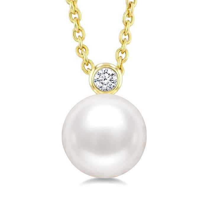 7 MM White Cultured Pearl and 1/20 Ctw Round Cut Diamond Pendant With Chain in 10K Yellow Gold