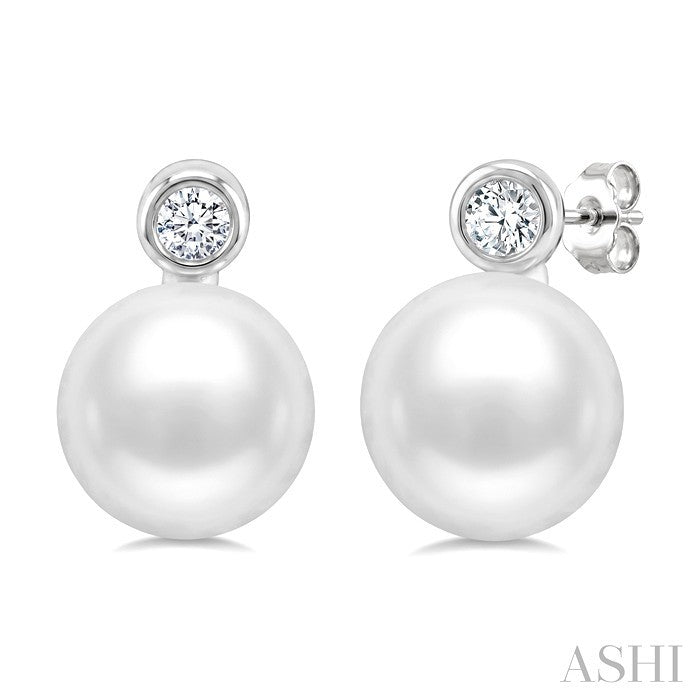 6 MM White Cultured Pearl and 1/20 Ctw Round Cut Diamond Stud Earrings in 10K White Gold