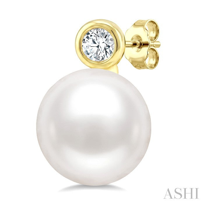 6 MM White Cultured Pearl and 1/20 Ctw Round Cut Diamond Stud Earrings in 10K Yellow Gold