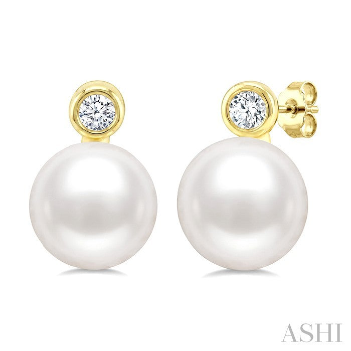 6 MM White Cultured Pearl and 1/20 Ctw Round Cut Diamond Stud Earrings in 10K Yellow Gold