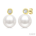 6 MM White Cultured Pearl and 1/20 Ctw Round Cut Diamond Stud Earrings in 10K Yellow Gold