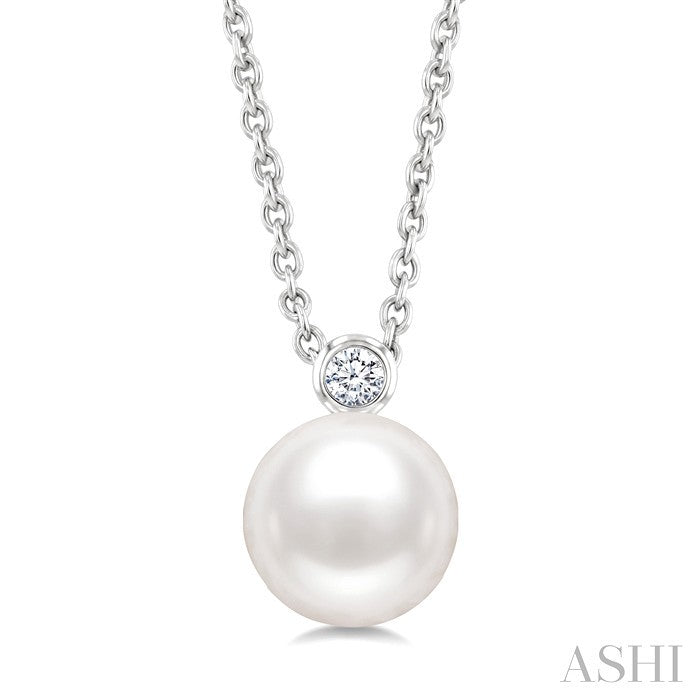 7 MM White Cultured Pearl and 1/20 Ctw Round Cut Diamond Pendant With Chain in 10K White Gold