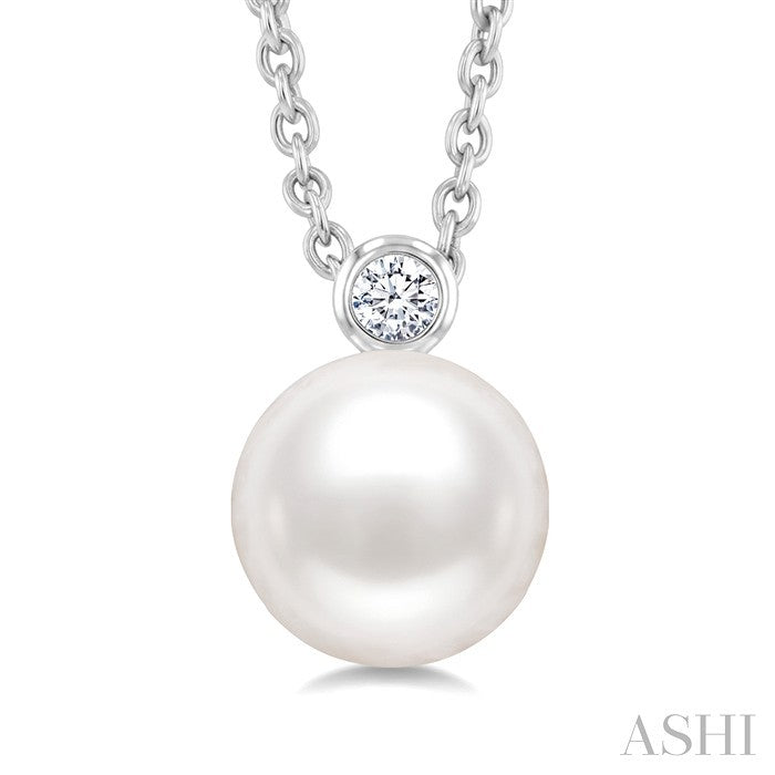 7 MM White Cultured Pearl and 1/20 Ctw Round Cut Diamond Pendant With Chain in 10K White Gold