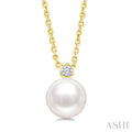 7 MM White Cultured Pearl and 1/20 Ctw Round Cut Diamond Pendant With Chain in 10K Yellow Gold