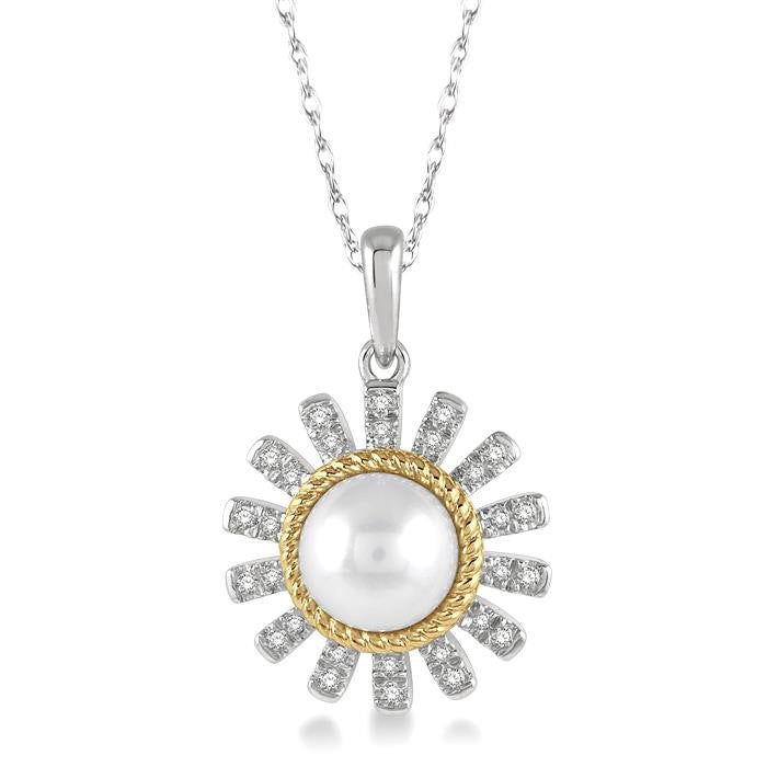7x7 MM Round Shape Cultured Pearl and 1/8 Ctw Sunflower Round Cut Diamond Pendant With Chain in 10K White and Yellow Gold