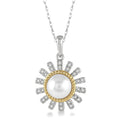 7x7 MM Round Shape Cultured Pearl and 1/8 Ctw Sunflower Round Cut Diamond Pendant With Chain in 10K White and Yellow Gold