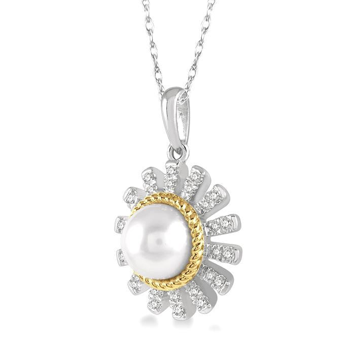 7x7 MM Round Shape Cultured Pearl and 1/8 Ctw Sunflower Round Cut Diamond Pendant With Chain in 10K White and Yellow Gold