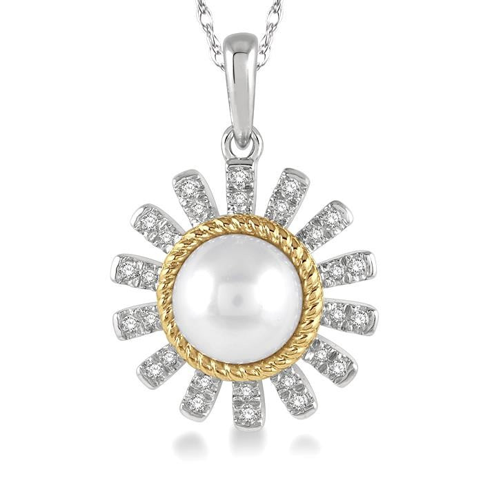 7x7 MM Round Shape Cultured Pearl and 1/8 Ctw Sunflower Round Cut Diamond Pendant With Chain in 10K White and Yellow Gold