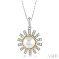 7x7 MM Round Shape Cultured Pearl and 1/8 Ctw Sunflower Round Cut Diamond Pendant With Chain in 10K White and Yellow Gold