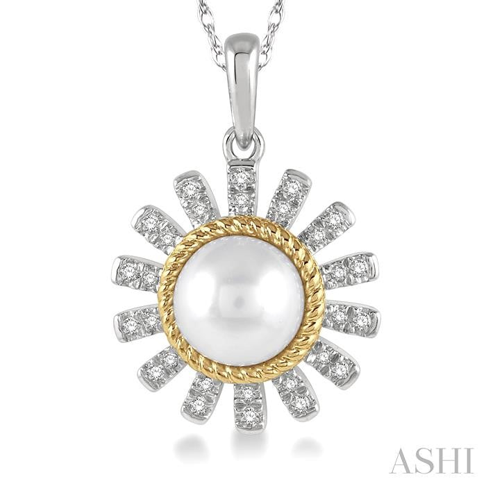 7x7 MM Round Shape Cultured Pearl and 1/8 Ctw Sunflower Round Cut Diamond Pendant With Chain in 10K White and Yellow Gold