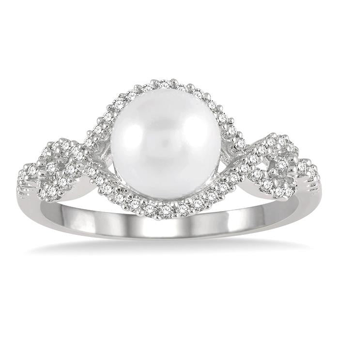 7 MM Round Shape Cultured Pearl and 1/5 Ctw Round Cut Diamond Twisted Open Lattice Ring in 10K White Gold