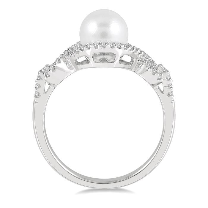 7 MM Round Shape Cultured Pearl and 1/5 Ctw Round Cut Diamond Twisted Open Lattice Ring in 10K White Gold