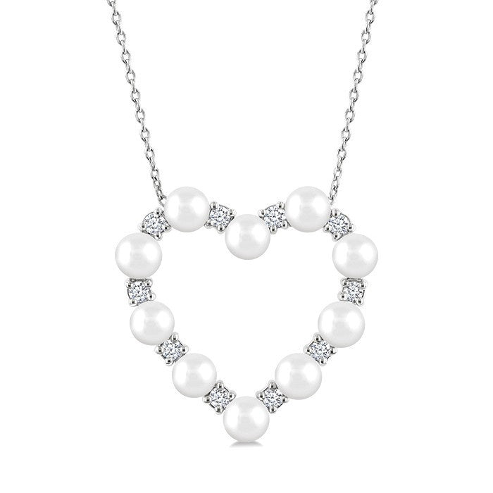 4 MM Round Shape Cultured Pearl and 1/3 Ctw Round Cut Diamond Heart Shape Pendant With Chain in 14K White Gold