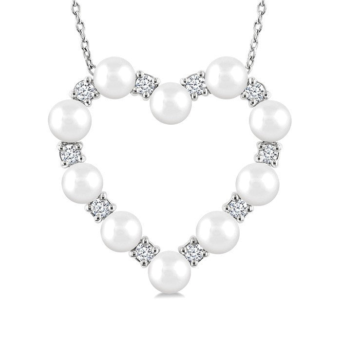 4 MM Round Shape Cultured Pearl and 1/3 Ctw Round Cut Diamond Heart Shape Pendant With Chain in 14K White Gold