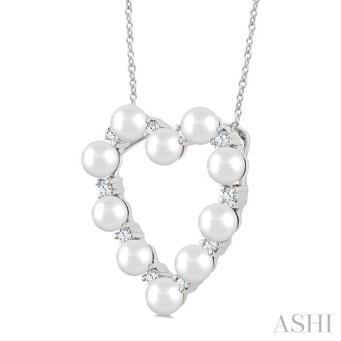 4 MM Round Shape Cultured Pearl and 1/3 Ctw Round Cut Diamond Heart Shape Pendant With Chain in 14K White Gold