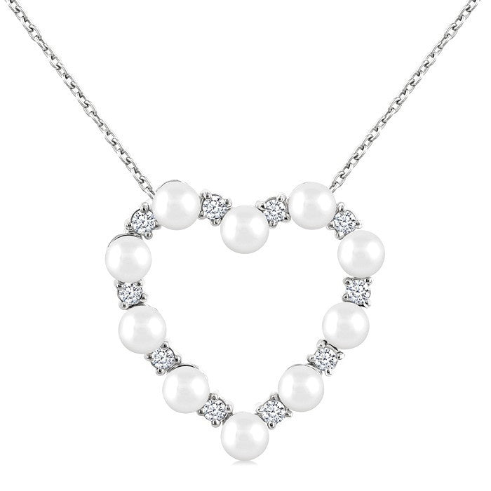 3 MM Round Shape Cultured Pearl and 1/5 Ctw Round Cut Diamond Heart Shape Pendant With Chain in 14K White Gold