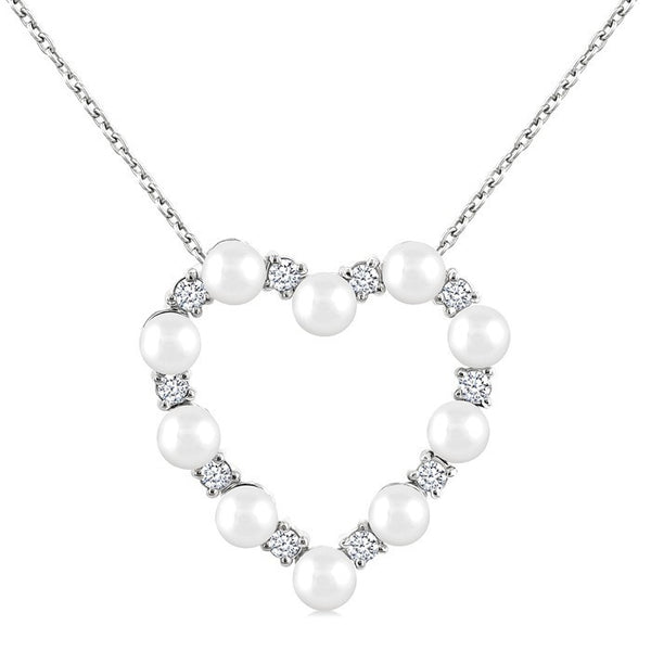 3 MM Round Shape Cultured Pearl and 1/5 Ctw Round Cut Diamond Heart Shape Pendant With Chain in 14K White Gold