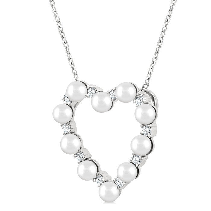 3 MM Round Shape Cultured Pearl and 1/5 Ctw Round Cut Diamond Heart Shape Pendant With Chain in 14K White Gold