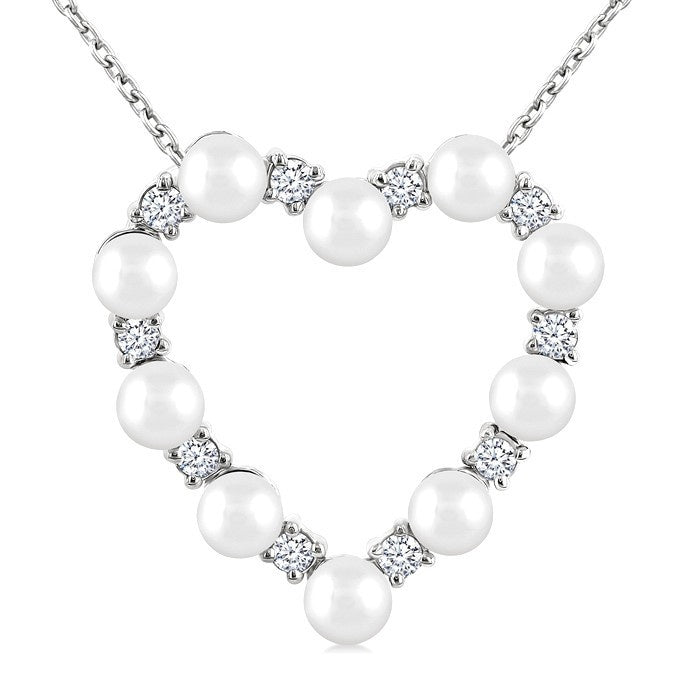 3 MM Round Shape Cultured Pearl and 1/5 Ctw Round Cut Diamond Heart Shape Pendant With Chain in 14K White Gold