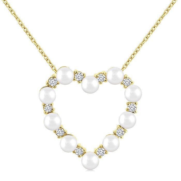 3 MM Round Shape Cultured Pearl and 1/5 Ctw Heart Shape Round Cut Diamond Pendant With Chain in 14K Yellow Gold