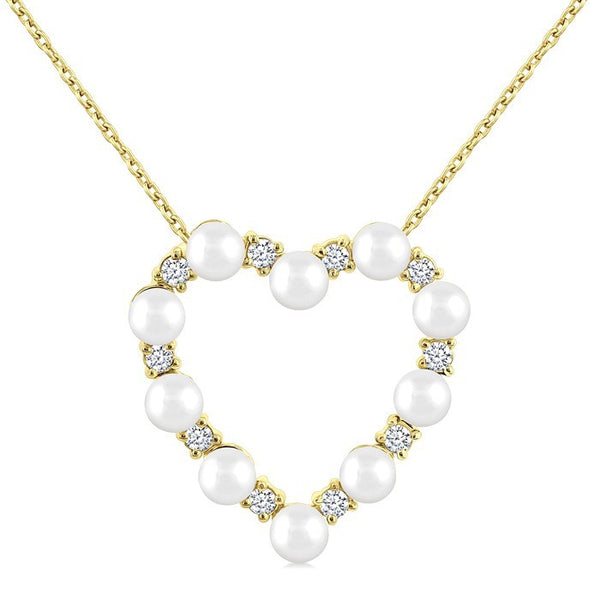 3 MM Round Shape Cultured Pearl and 1/5 Ctw Heart Shape Round Cut Diamond Pendant With Chain in 14K Yellow Gold