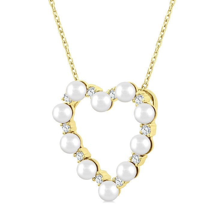 3 MM Round Shape Cultured Pearl and 1/5 Ctw Heart Shape Round Cut Diamond Pendant With Chain in 14K Yellow Gold