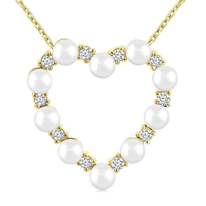 3 MM Round Shape Cultured Pearl and 1/5 Ctw Heart Shape Round Cut Diamond Pendant With Chain in 14K Yellow Gold