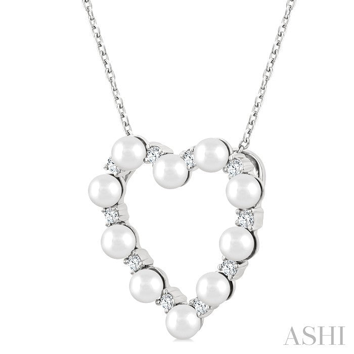 3 MM Round Shape Cultured Pearl and 1/5 Ctw Round Cut Diamond Heart Shape Pendant With Chain in 14K White Gold