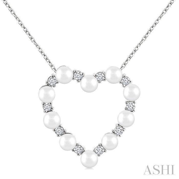 3 MM Round Shape Cultured Pearl and 1/5 Ctw Round Cut Diamond Heart Shape Pendant With Chain in 14K White Gold