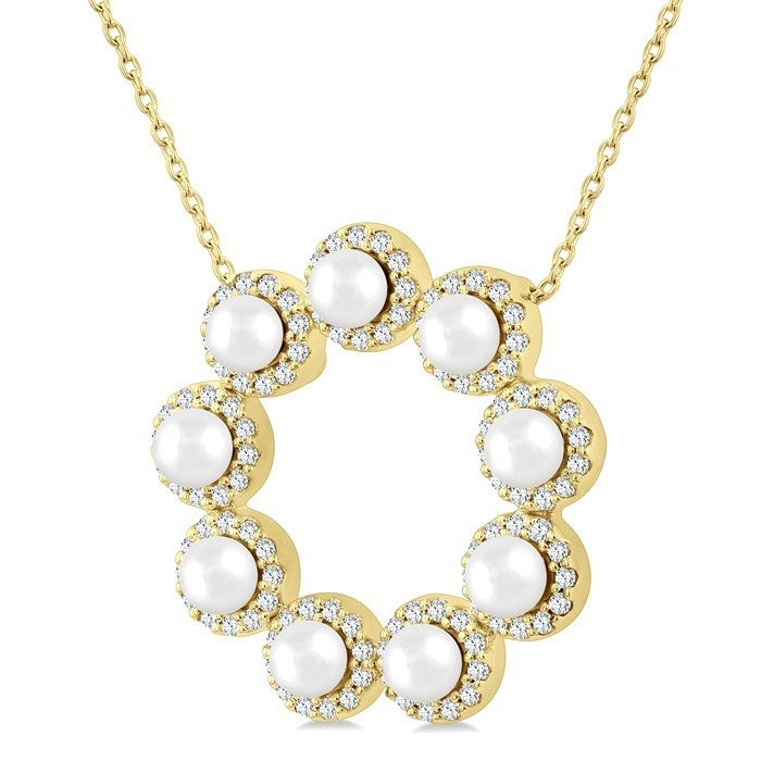 Circle Pearl & Halo Diamond Pendant