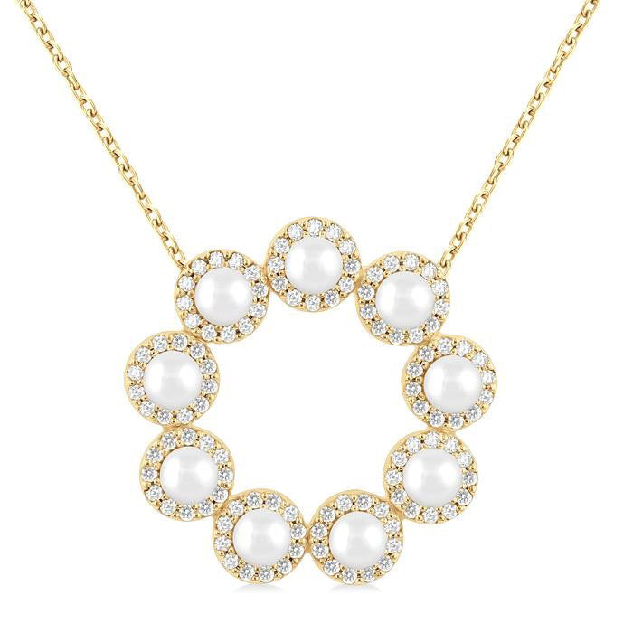Circle Pearl & Halo Diamond Pendant